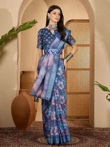 Elegant Linen Cotton Saree with Floral Digital Print for Festive Wear