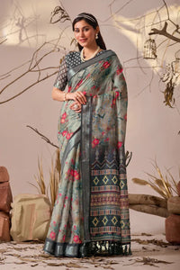 Elegant Linen Cotton Saree with Floral Print & Patola Border for Festive Wear