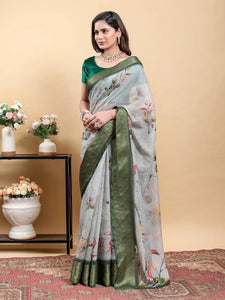Elegant Linen Cotton Saree with Floral Print & Zari Border for Festive Wear