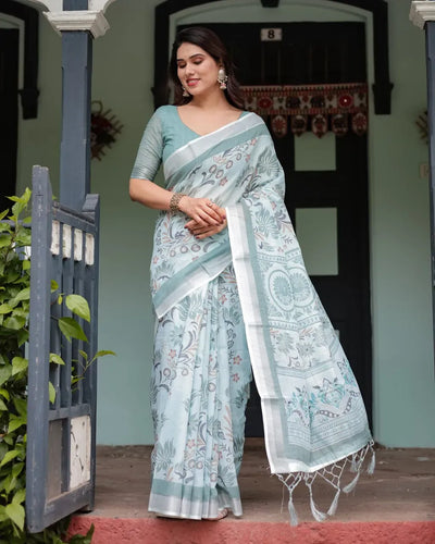 Elegant Linen Cotton Saree with Floral Vine - Festive Day Wear for Women