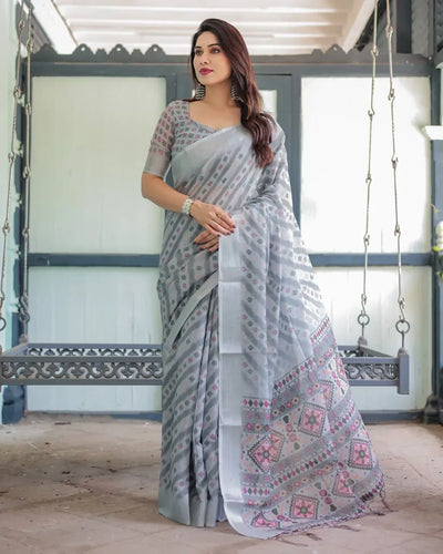 Elegant Linen Cotton Saree with Geometric Print for Sophisticated Office Wear