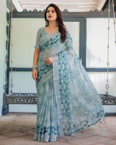 Elegant Linen Cotton Saree with Geometric Prints for Women