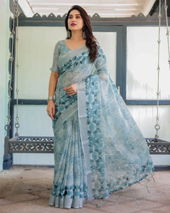 Elegant Linen Cotton Saree with Geometric Prints for Women