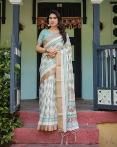 Elegant Linen Cotton Saree with Golden Zari Border for Women
