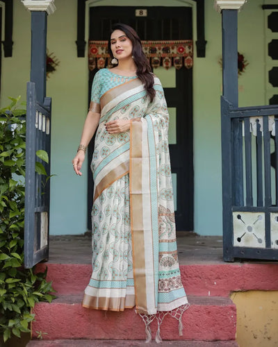 Elegant Linen Cotton Saree with Golden Zari Border for Women