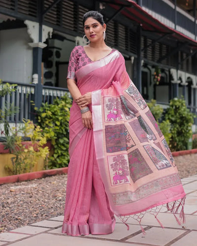 Elegant Linen Cotton Saree with Heritage Patchwork for Festive Wear