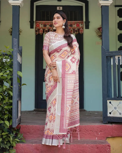 Elegant Linen Cotton Saree with Ikat Geometric Print for Festive & Daily Wear