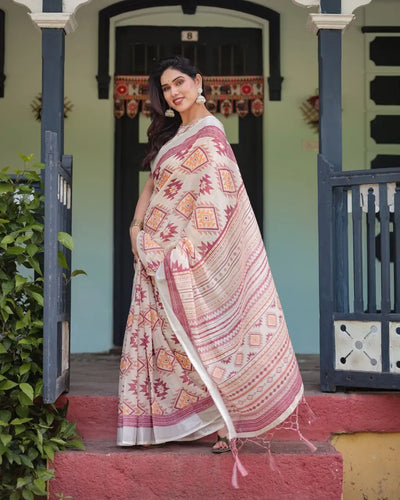 Elegant Linen Cotton Saree with Ikat Geometric Print for Festive & Daily Wear