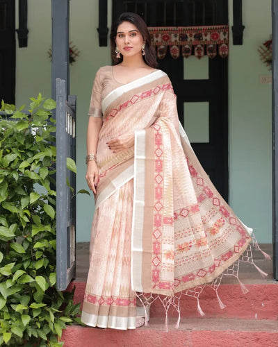 Elegant Linen Cotton Saree with Ikat Pattern for Festive Wear