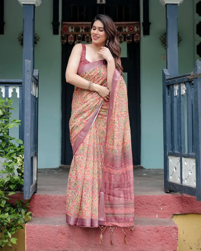 Elegant Linen Cotton Saree with Rose Peach Floral Prints for Women