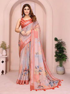 Elegant Linen Cotton Saree with Subtle Leaf Motifs for Festive & Casual Wear
