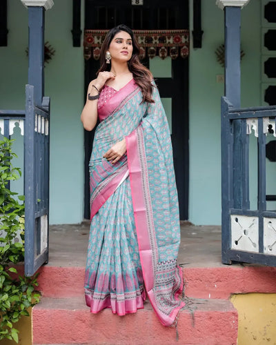 Elegant Linen Cotton Saree with Traditional Block Print for Festive Wear