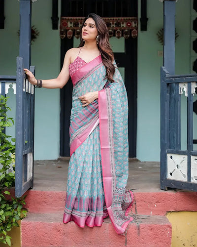 Elegant Linen Cotton Saree with Traditional Block Print for Festive Wear