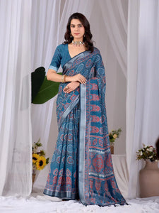 Elegant Linen Cotton Saree with Traditional Motifs - Festive Wear for Women