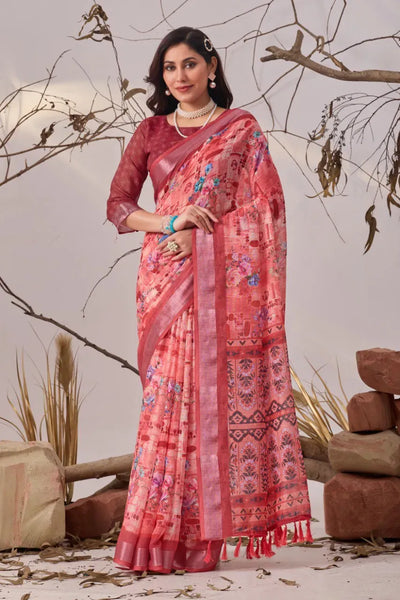Elegant Linen Cotton Saree with Traditional Patola Border
