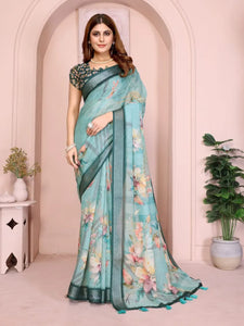 Elegant Linen Cotton Saree with Watercolor Floral Prints for Festive & Office Wear