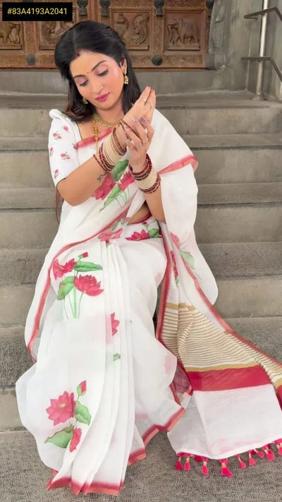 Elegant Linen Saree - Digital Print & Gold Jari Border for Festive & Spring Wear