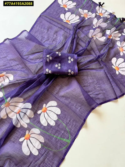Elegant Linen Saree - Soft Floral Digital Print for Women's Festive Wear