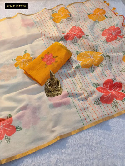 Elegant Linen Saree with Jasmine Floral Print for Women