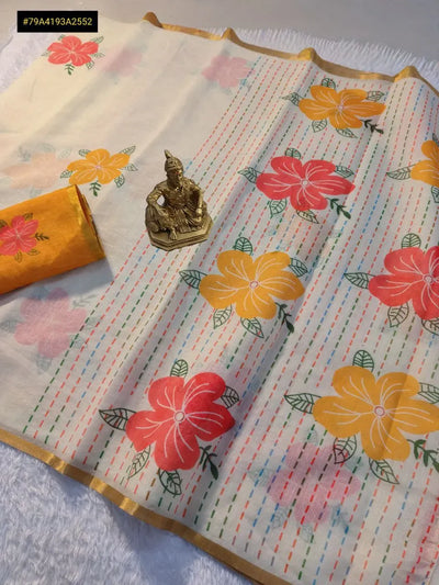 Elegant Linen Saree with Jasmine Floral Print for Women