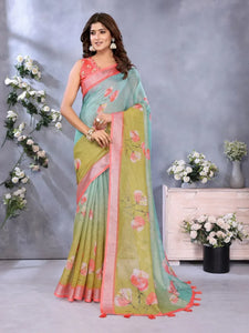 Elegant Linen Shimmer Saree - Lightweight Floral Print Festive Wear for Women