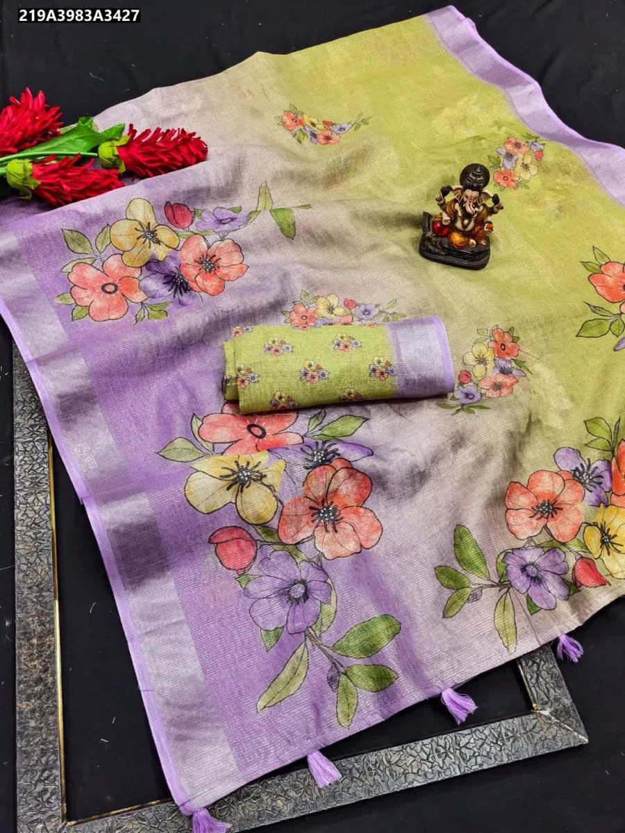 Linen Simmer Cotton Saree with Batik Print and Woven Silver Border