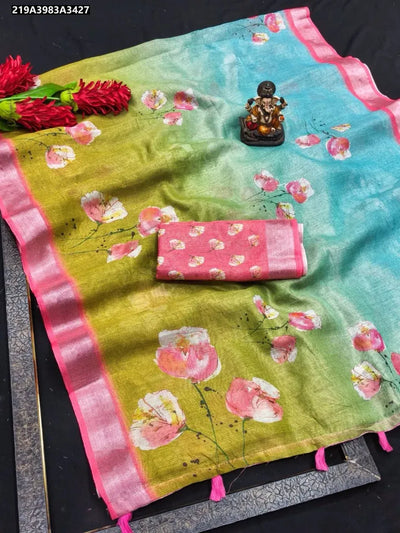 Elegant Linen Simmer Cotton Saree - Batik Print & Woven Border