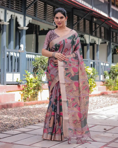 Elegant Madhubani Print Linen Cotton Saree - Lightweight Festive Wear for Women