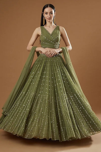 Elegant Mahendi Green Georgette Lehenga - Sequin & Jari Embroidery for Wedding