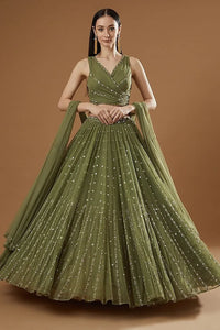 Elegant Mahendi Green Georgette Lehenga - Sequin & Jari Embroidery for Wedding