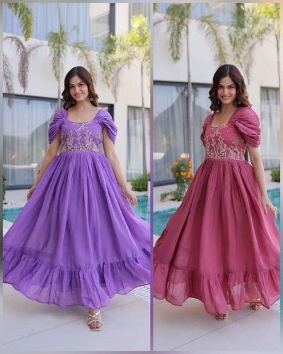 Elegant Mal Chanderi Gown - Beads Embroidery Party Wear for Women