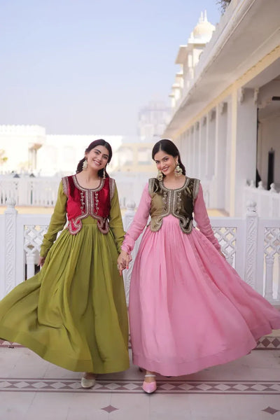 Elegant Mal Chanderi Gown - Luxe Velvet Koti with Embroidered Work for Festive & Party Wear