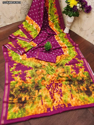 Elegant MalMal Cotton Bandhani Saree - All Over Butti & Zari Border for Festive Wear