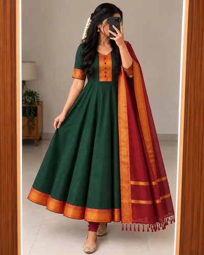 Elegant Mangalagiri Silk Cotton Anarkali Set with Contrast Zari Dupatta - Festive Wear for Women