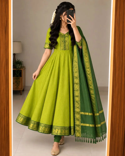 Elegant Mangalagiri Silk Cotton Anarkali Set with Contrast Zari Dupatta - Festive Wear for Women