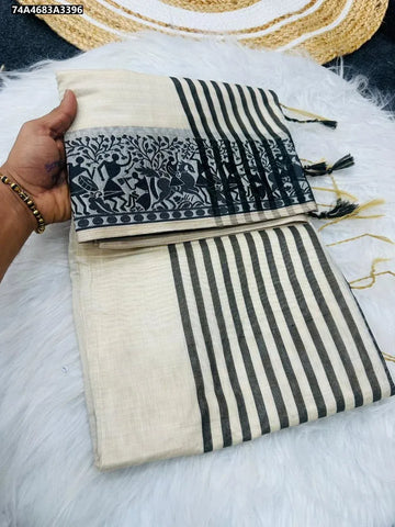 Elegant Manipuri Cotton Saree - Handwoven Threadwork & Zari Border for Festive & Party Wear