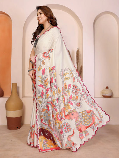 Elegant Manipuri Kalamkari Saree - Mirror Work Border for Women