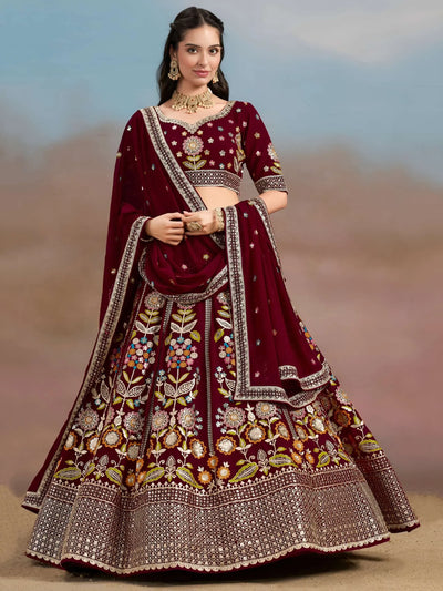 Elegant Maroon Georgette Lehenga Choli - Floral Embroidery for Festive Weddings