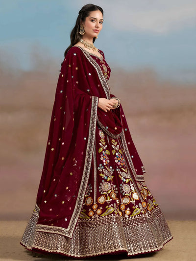 Elegant Maroon Georgette Lehenga Choli - Floral Embroidery for Festive Weddings