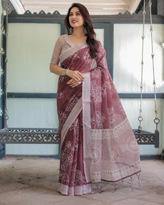 Elegant Maroon Linen Cotton Saree - Breathable Floral Comfort for Festive Wear