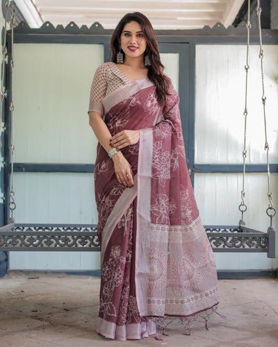 Elegant Maroon Linen Floral Saree Women's | Festive Wear by LINEN