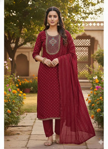Elegant Maroon Modal Embroidery Suit - Unstitched Festive Wear