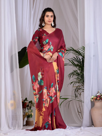 Elegant Maroon Printed Saree - Soft Satin Georgette for Women's Festive & Casual Wear