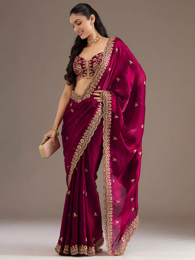 Elegant Maroon Tissue Saree - Multi Sequins Embroidery for Festive Wear