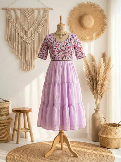 Elegant Maska Cotton Dress - Delicate Chain Stitch Embroidery for Summer & Festive Wear