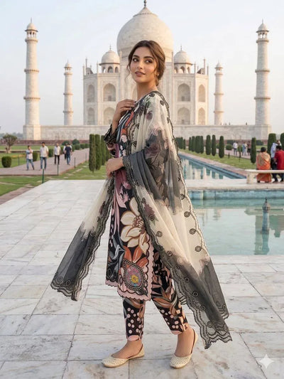 Elegant Maslin Suit Set with Embroidered Cutwork for Festive Wear