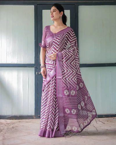 Elegant Mauve Linen Cotton Saree - Breathable Zigzag & Floral Print Festive Wear