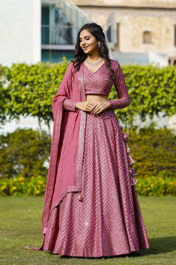 Elegant Metallic Pink Lehenga Choli - Sequin Work Wedding Wear
