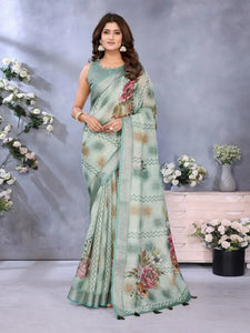 Elegant Mint Green Floral Printed Saree - Linen Shimmer Festive Wear for Women