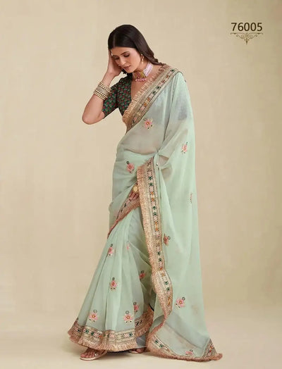 Elegant Mint Green Georgette Saree - Heavy Embroidered Border Festive Wear for Women